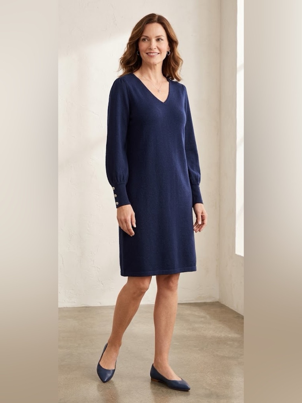 Talbots 100% Merino Wool Navy V-Neck Sweater Dress - Button Cuff Long Sleeves